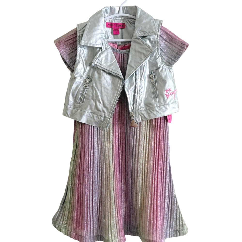 NWT Betsey Johnson Girls Size 4 Rainbow Shimmer Pleated Dress Metallic Moto Vest